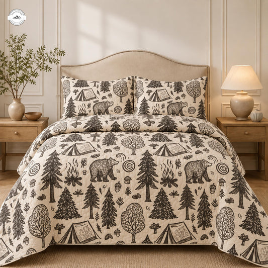 Rustic Campfire & Bear Quilted Bedding Set LV115