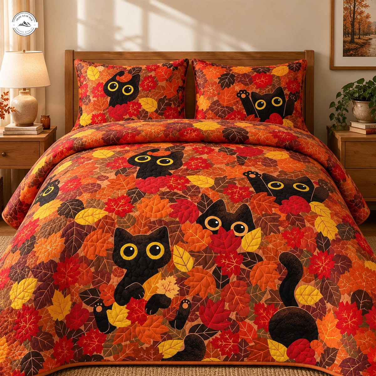 Black Cats in Autumn Leaves Quilted Bedding Set LV136
