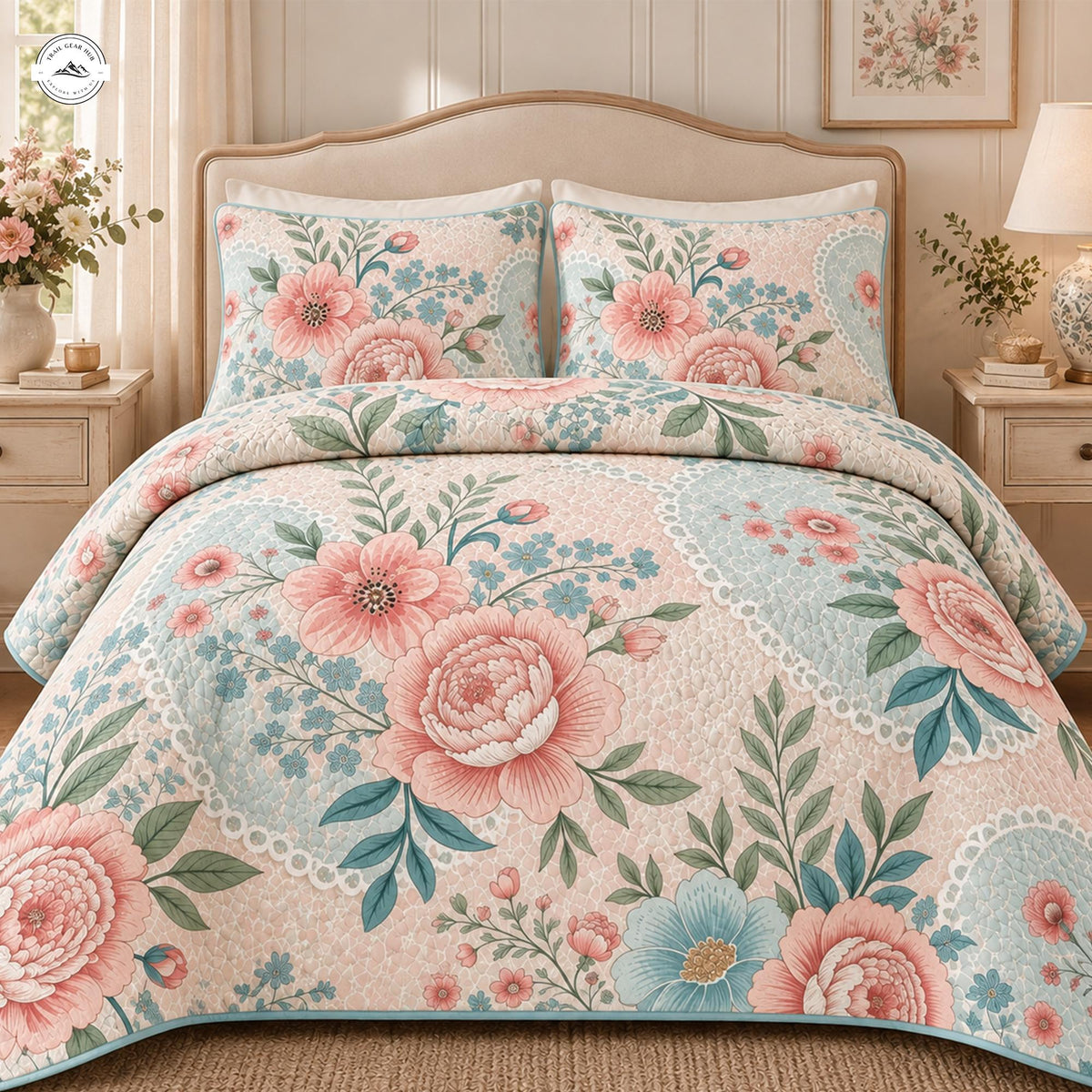 Pastel Rose Floral Quilted Bedding Set LV138