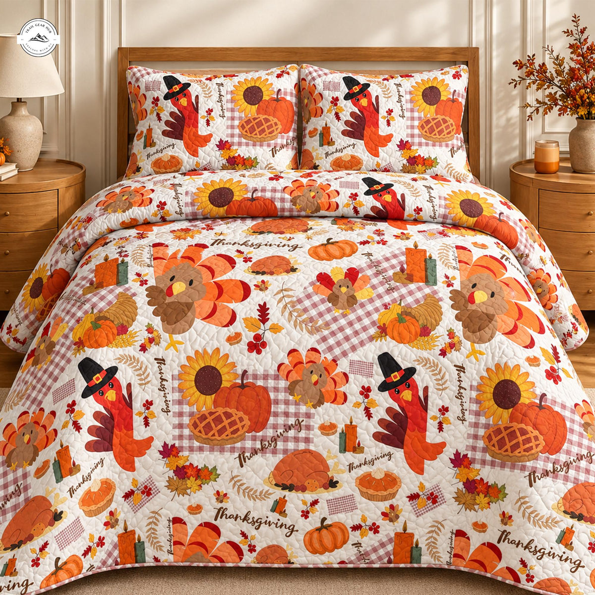 Harvest Autumn Turkey & Pumpkin Quilted Bedding Set LV139
