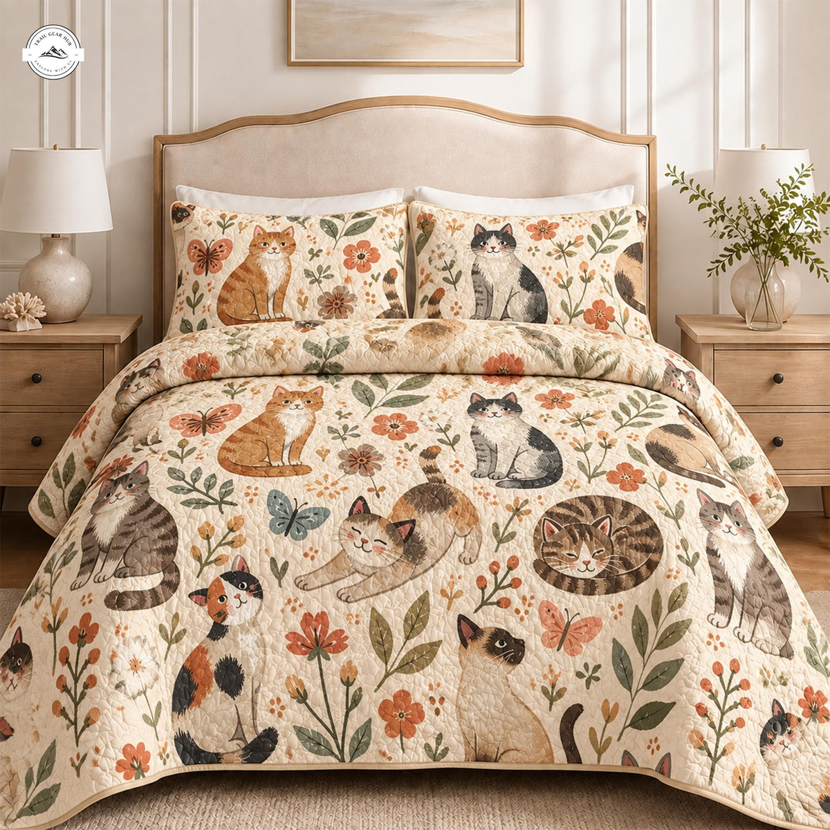Vintage Floral Cat Quilted Bedding Set LV146
