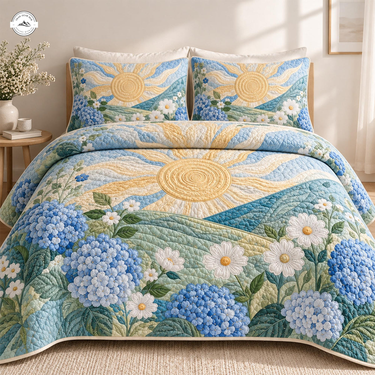Vintage Sunburst & Hydrangea Floral Quilted Bedding Set LV148