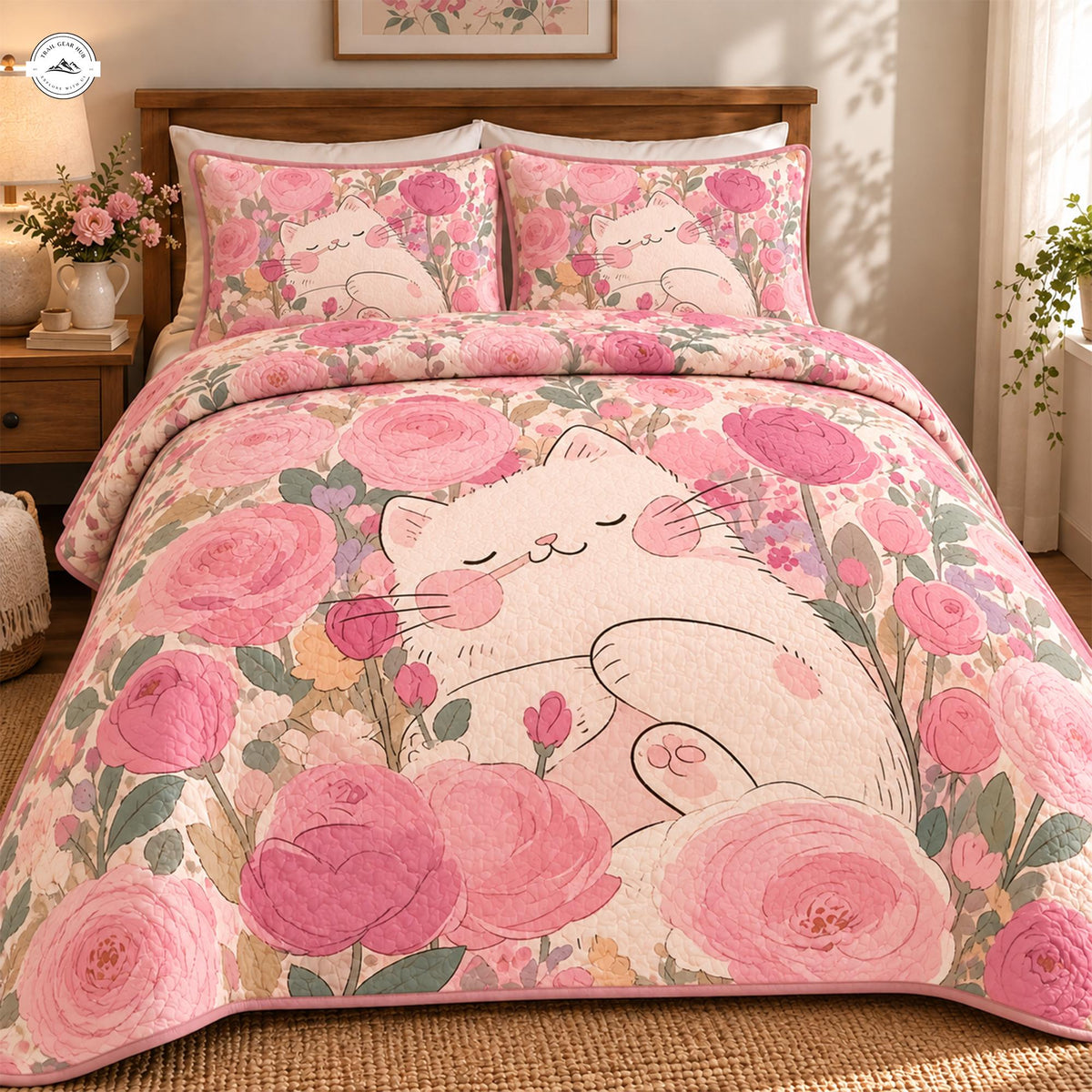 Cute Sleeping Cat & Pink Floral Quilted Bedding Set LV164