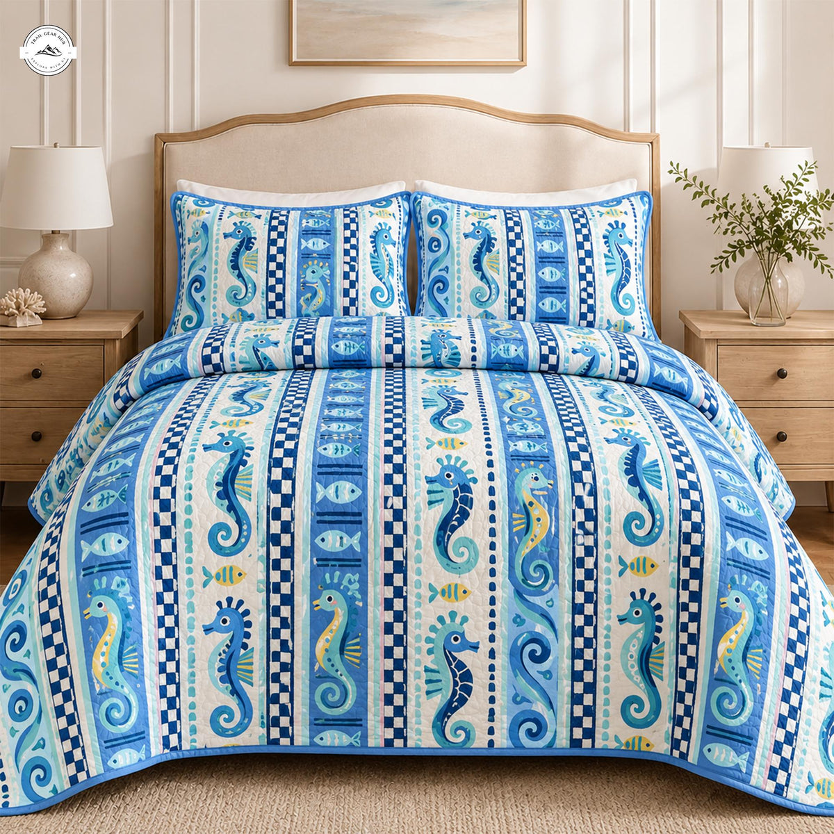 Nautical Seahorse & Fish Print Quilted Bedding Set LV165