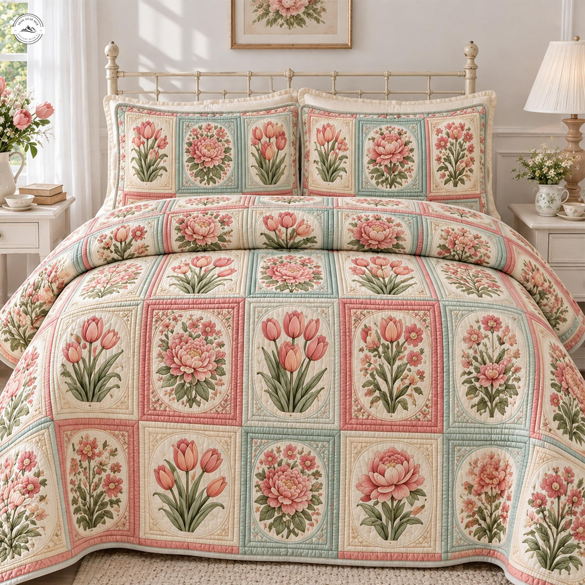 Classic Rose & Tulip Floral Patchwork Quilted Bedding Set LV178