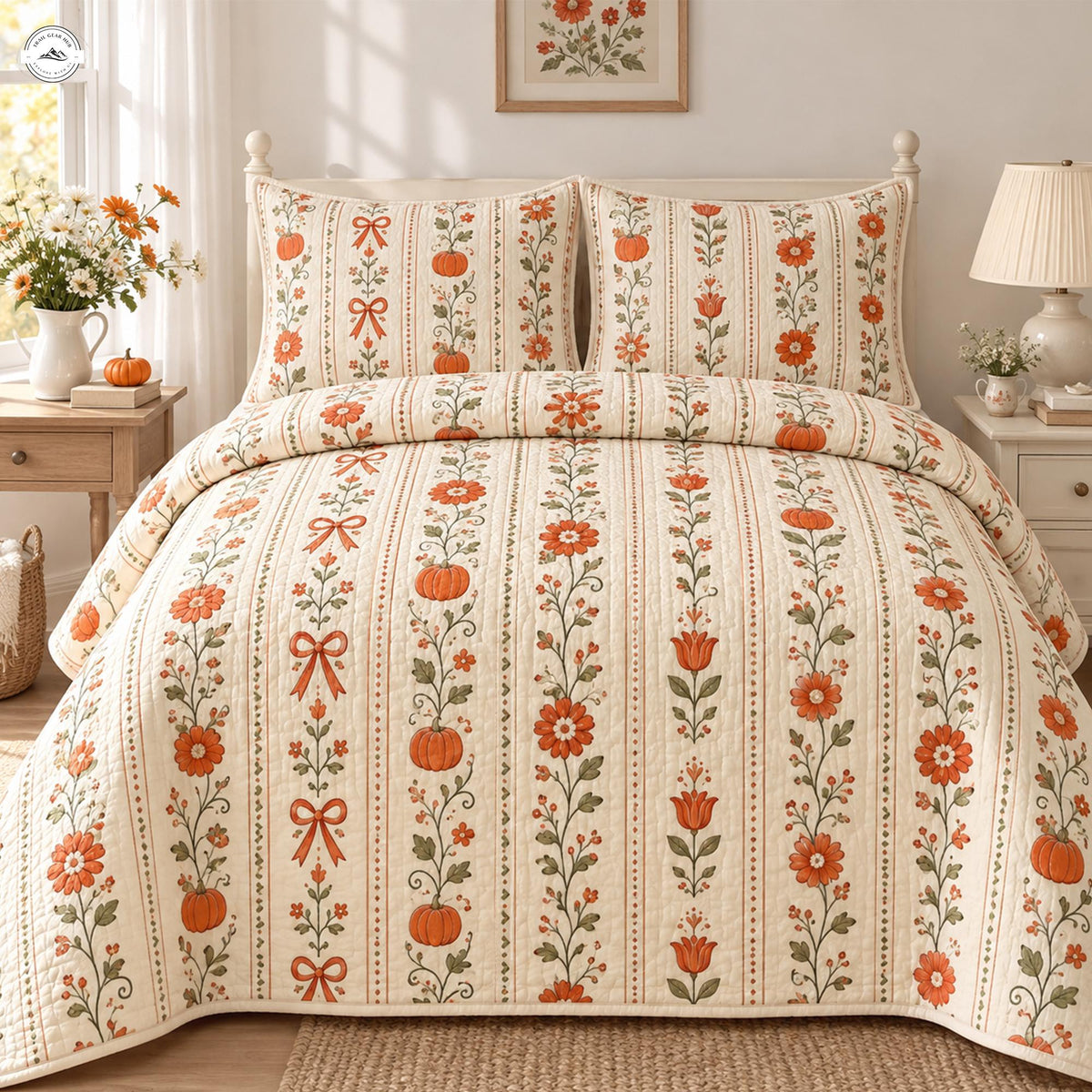 Autumn Floral & Pumpkin Quilted Bedding Set LV179