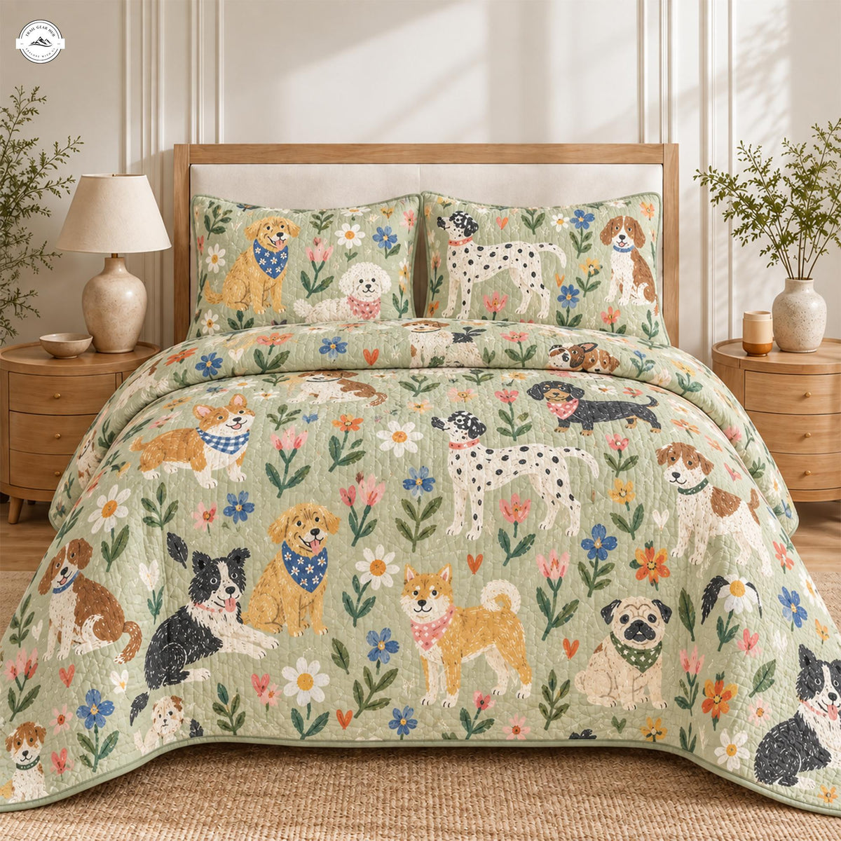 Cute Dogs & Wildflowers Pattern Quilted Bedding Set LV180