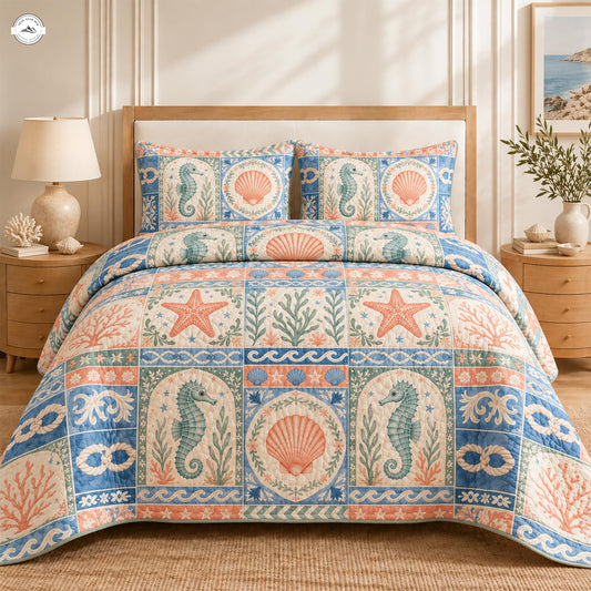 Coastal Seashore Patchwork Quilted Bedding Set LV181
