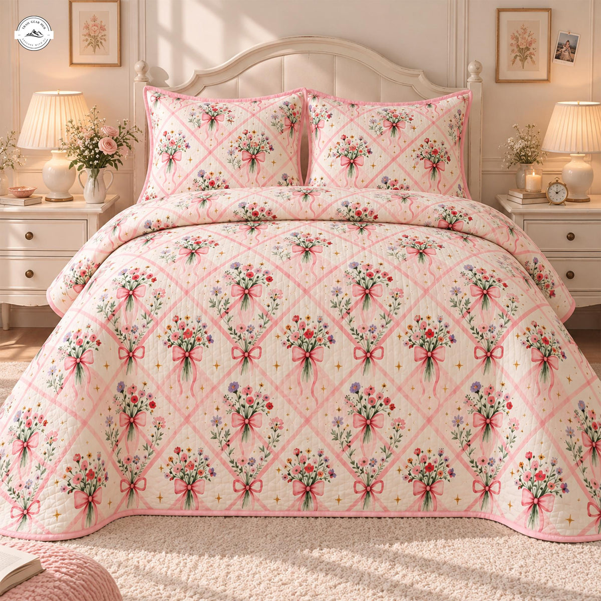 Cozy Pink Flower & Bow Pattern Quilted Bedding Set LV202