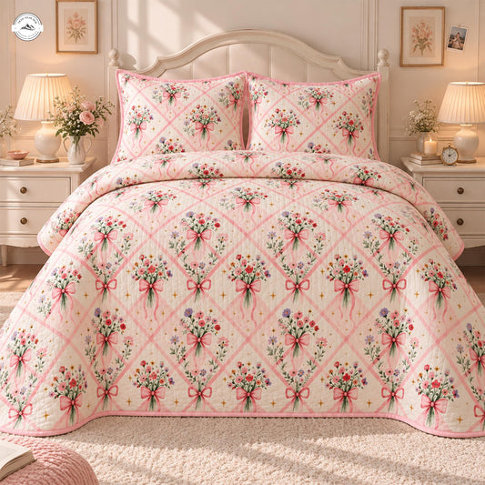 Cozy Pink Flower & Bow Pattern Quilted Bedding Set LV202
