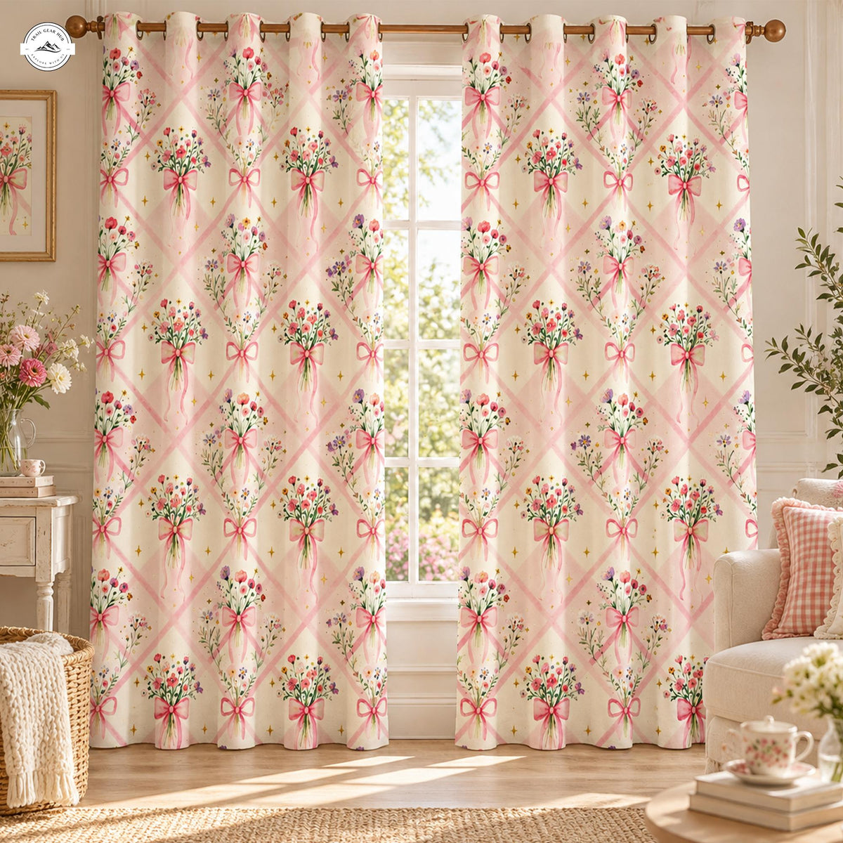 Cozy Pink Flower & Bow Pattern  Grommet Curtains LV202GRMCT