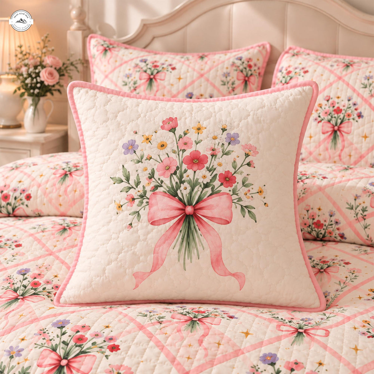 Cozy Pink Flower & Bow Pattern Quilted Pillow Cover LV202QLTPLC