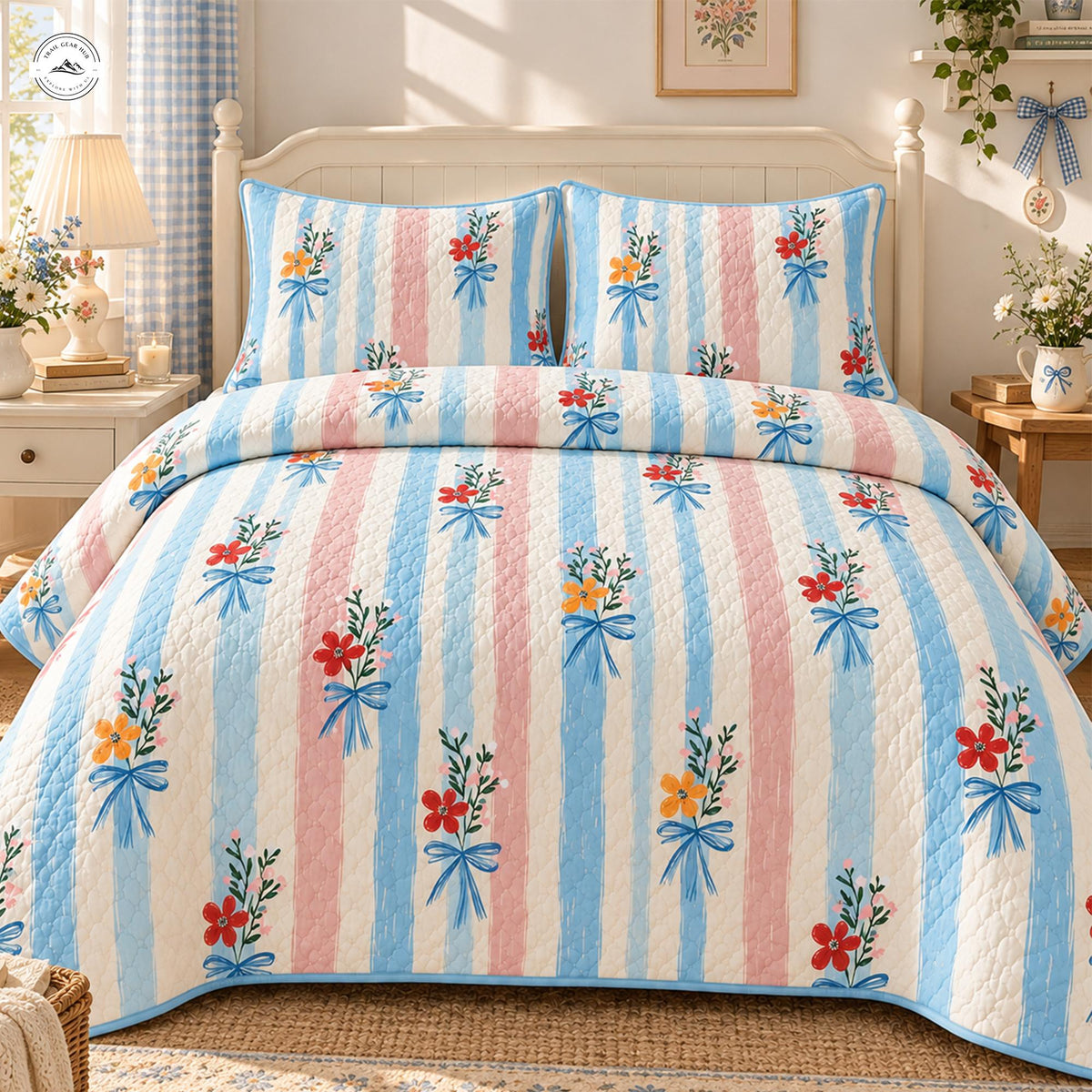 Cozy Floral Stripe Quilted Bedding Set LV210