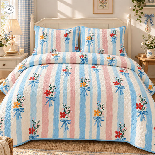 Cozy Floral Stripe Quilted Bedding Set LV210