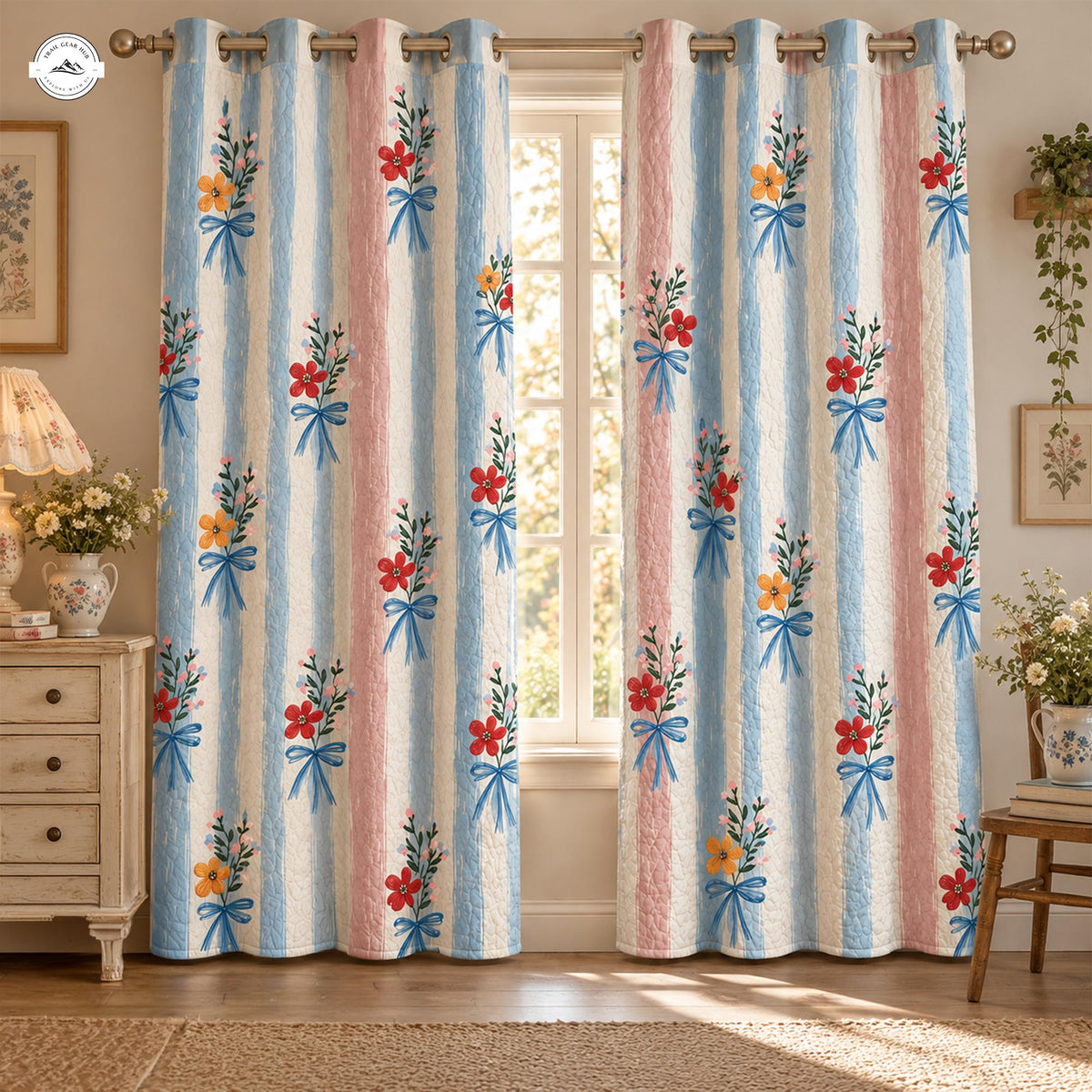 Cozy Floral Stripe Quilted Curtains LV0210QLTCT