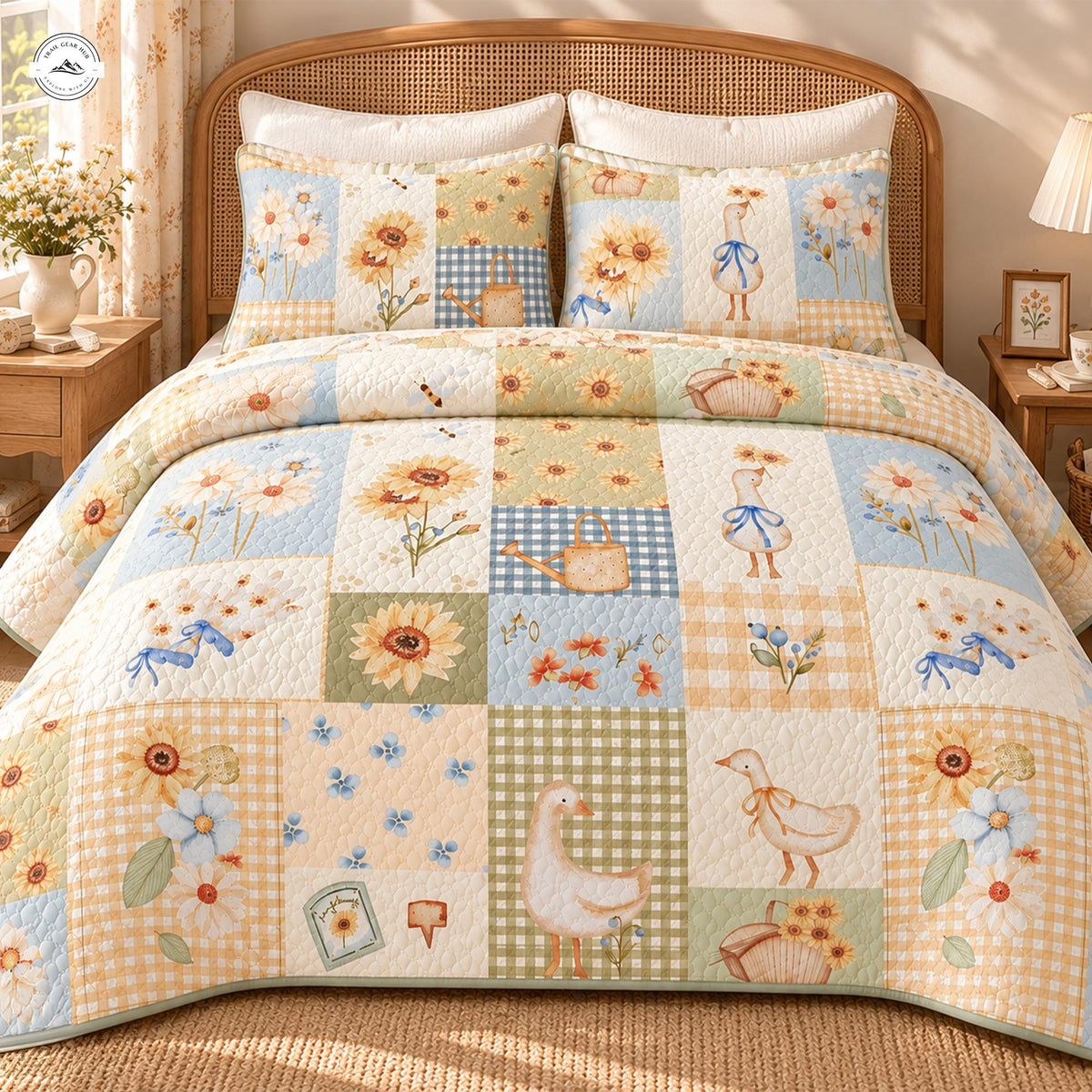 Cozy Farmhouse Sunflower and Duck Quilted Bedding Set LV212