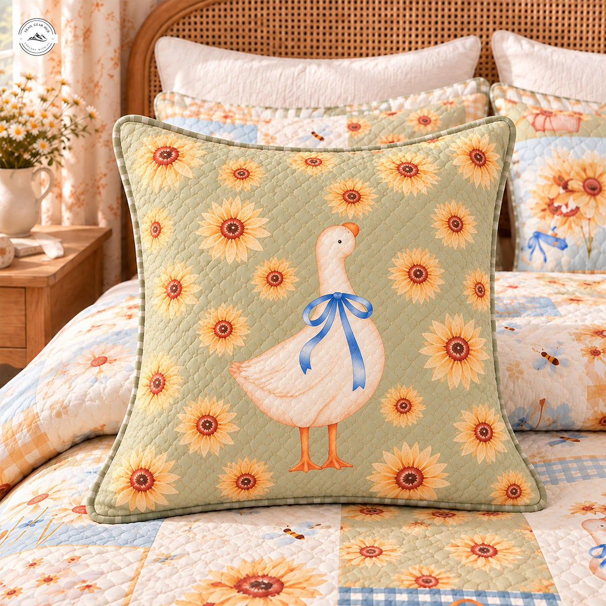 Cozy Farmhouse Sunflower and Duck Quilted Pillow Cover LV212QLTPLC