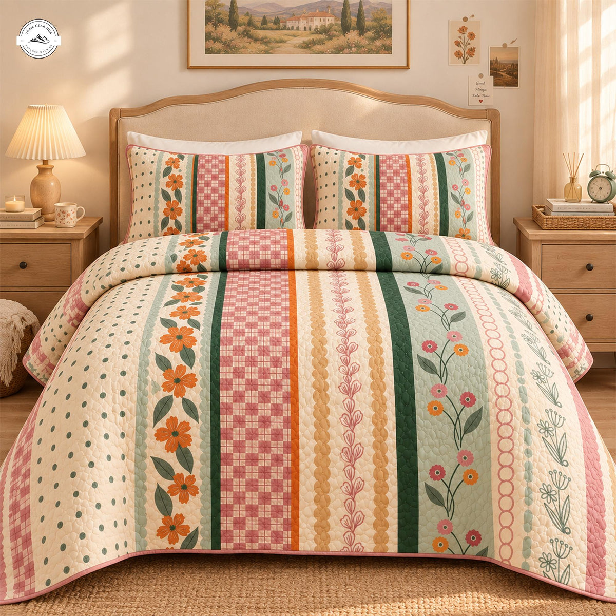 Retro Botanical & Geometric Print Quilted Bedding Set LV223