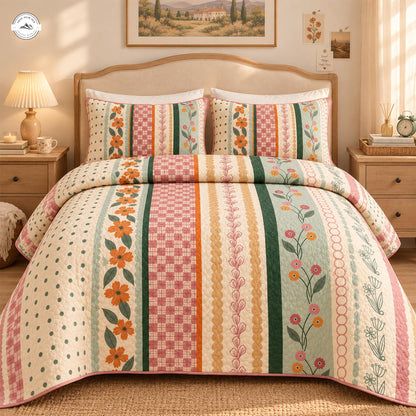 Retro Botanical & Geometric Print Quilted Bedding Set LV223