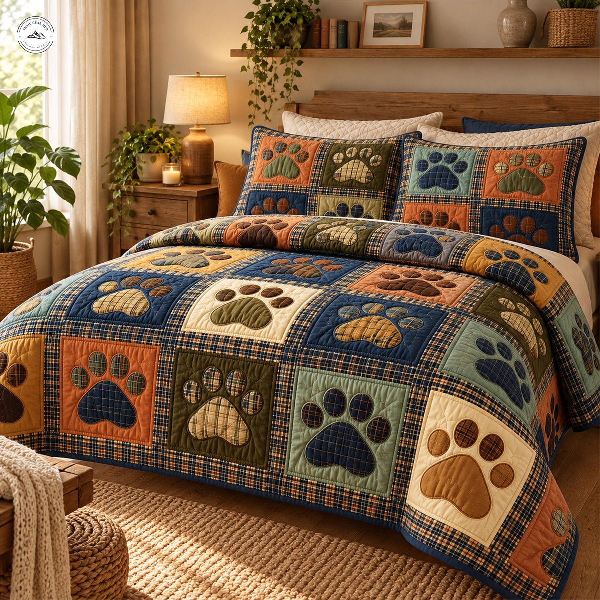 Cozy Plaid & Dog Paw Print Quilted Bedding Set LV240