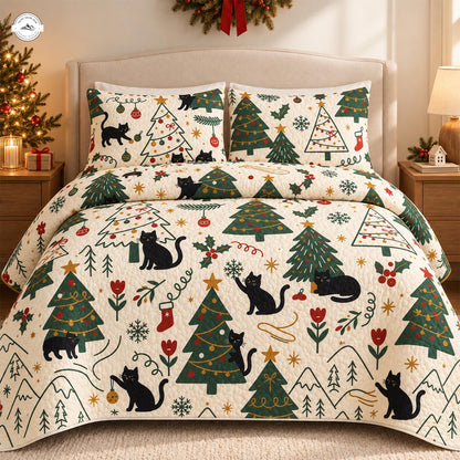 Christmas Black Cats & Winter Trees Quilted Bedding Set LV244