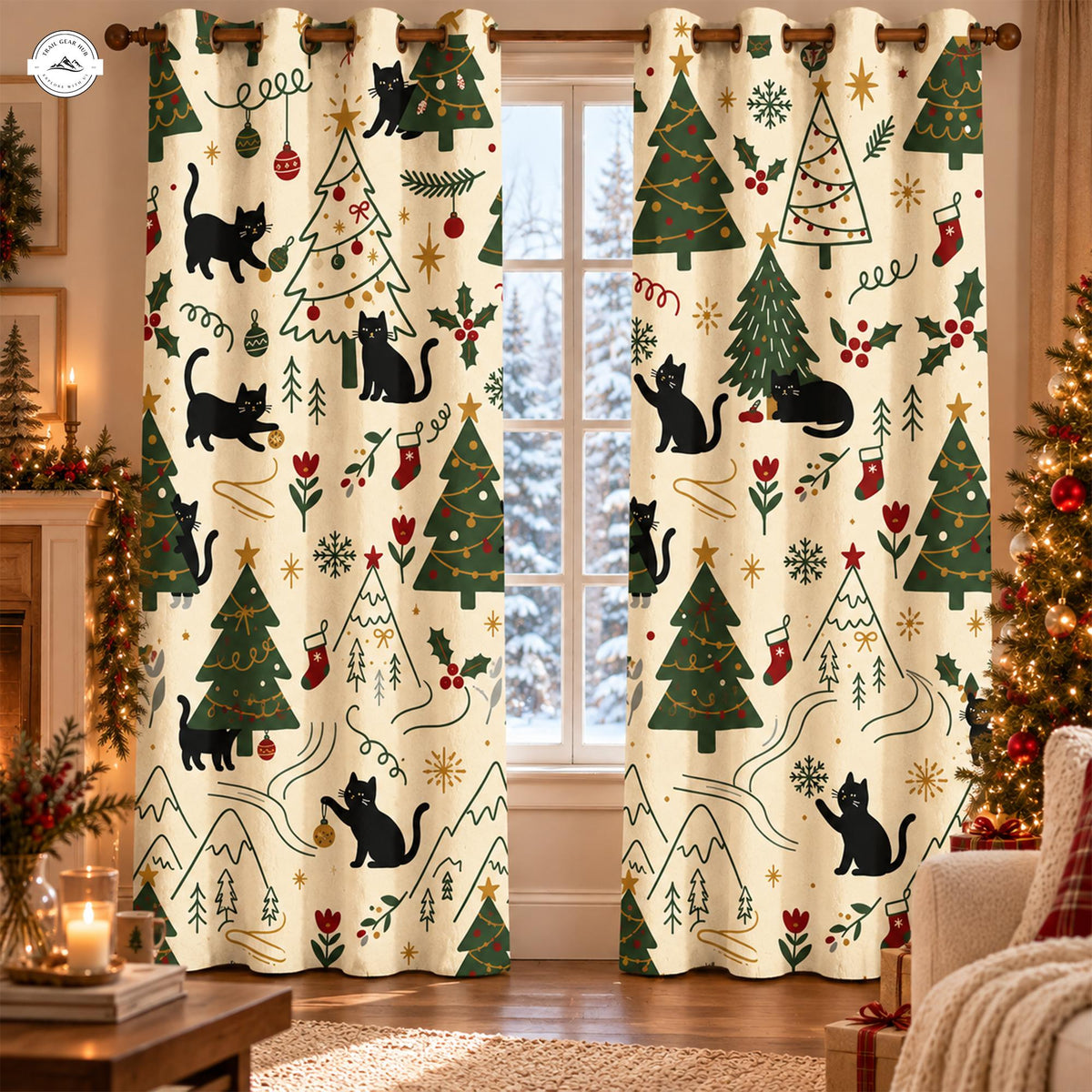 Christmas Black Cats & Winter Trees Quilted Curtains LV244QLTCT