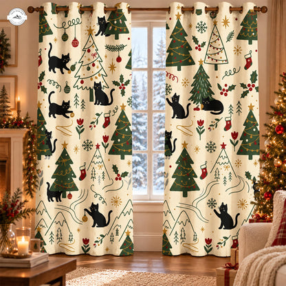 Christmas Black Cats & Winter Trees Quilted Curtains LV244QLTCT