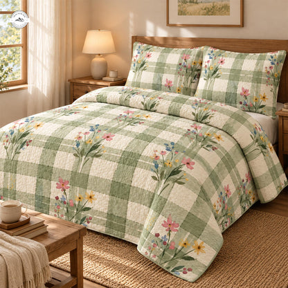 Green Buffalo Plaid and Wildflower Botanical Quilted Bedding Set LV253