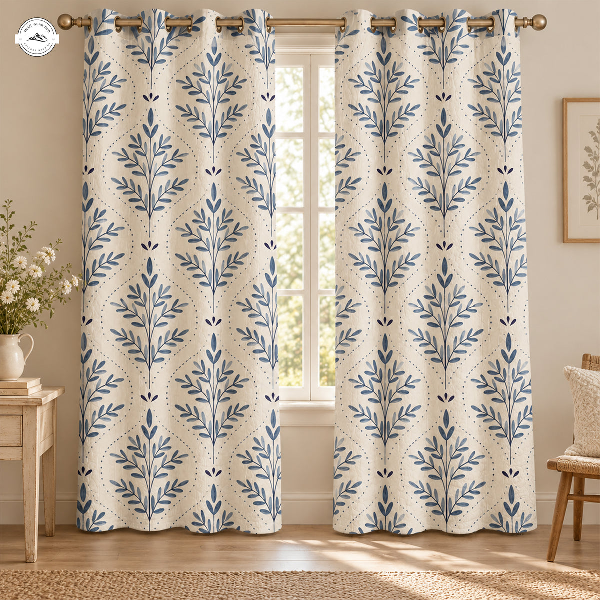 Farmhouse Blue & White Tree Quilted Curtains LV264QLTCT