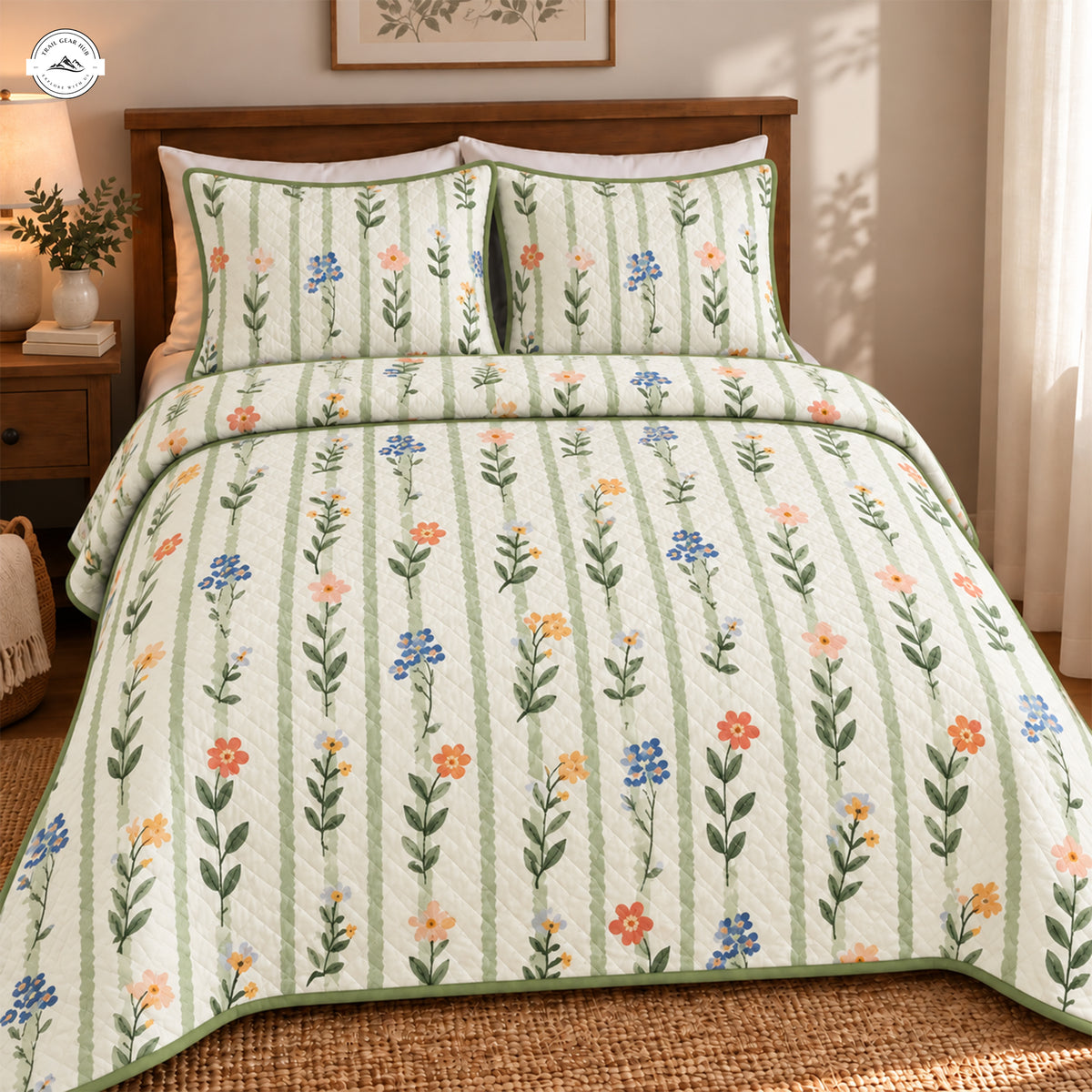 Vintage Botanical Striped Quilted Bedding Set LV275