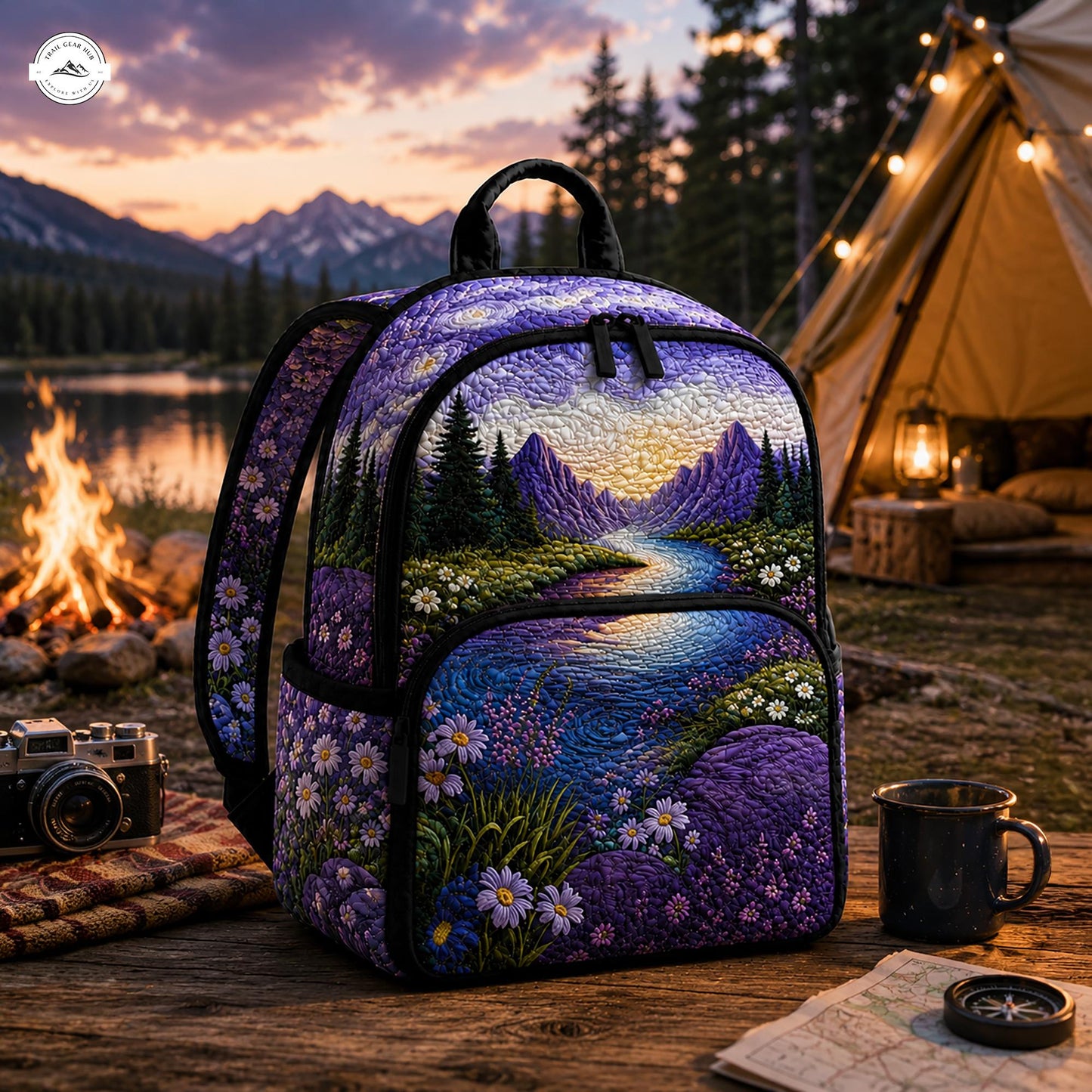 Purple Floral & Mountain Quilted Backpack LV05