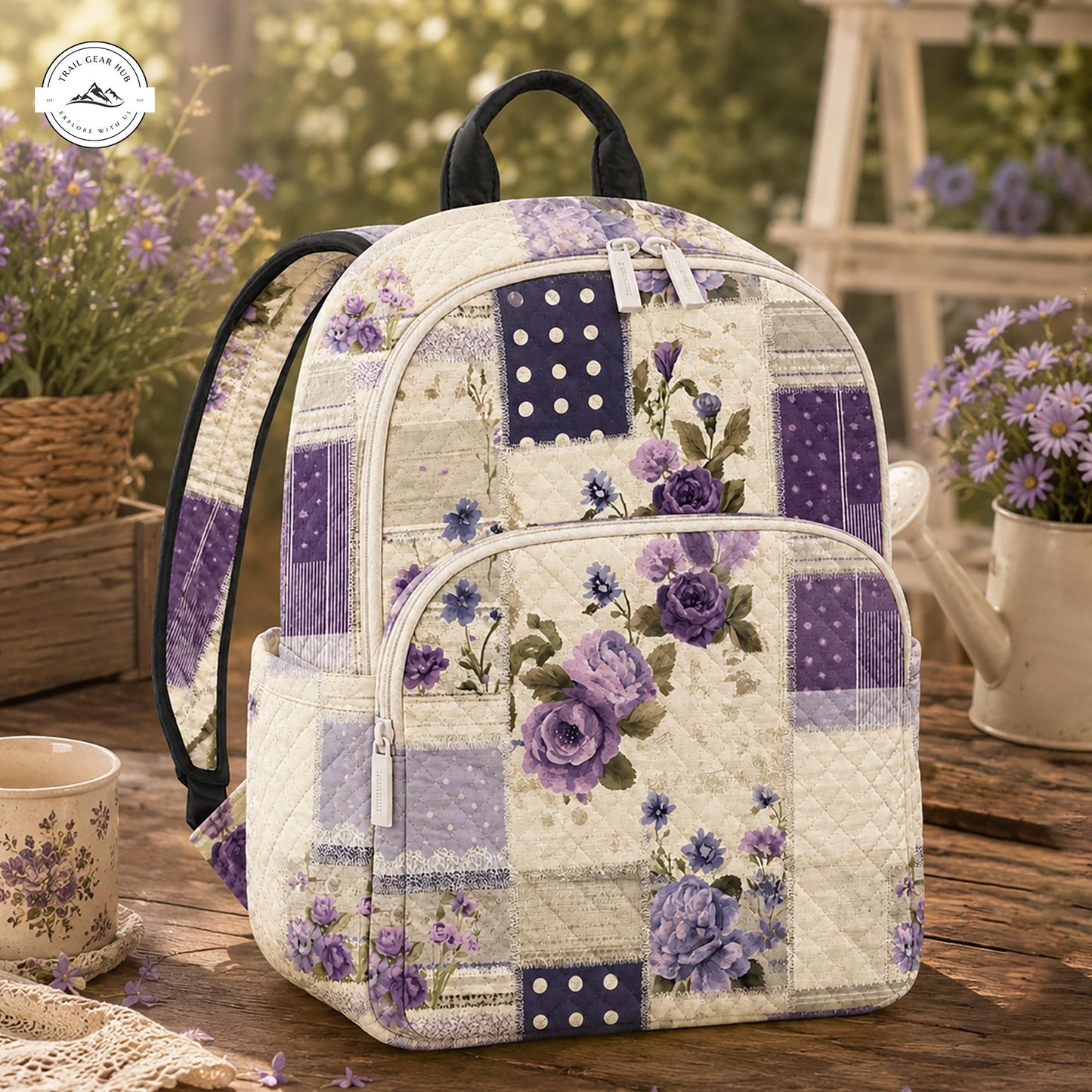 Purple Floral Patchwork Quilted Backpack LV17