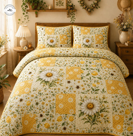 Yellow Daisy Floral Quilted Duvet Cover Set LV03