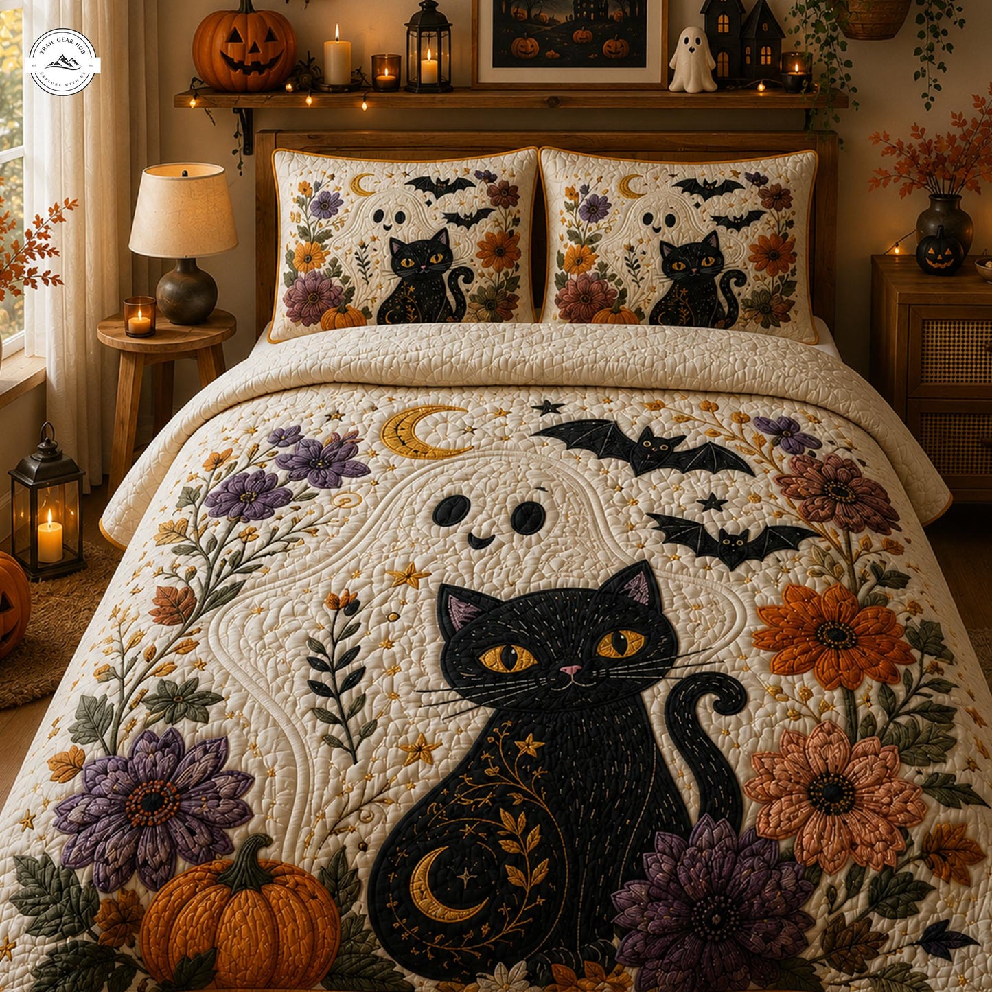 Spooky Cute Black Cat & Pumpkin Quilted Duvet Cover Set LV08