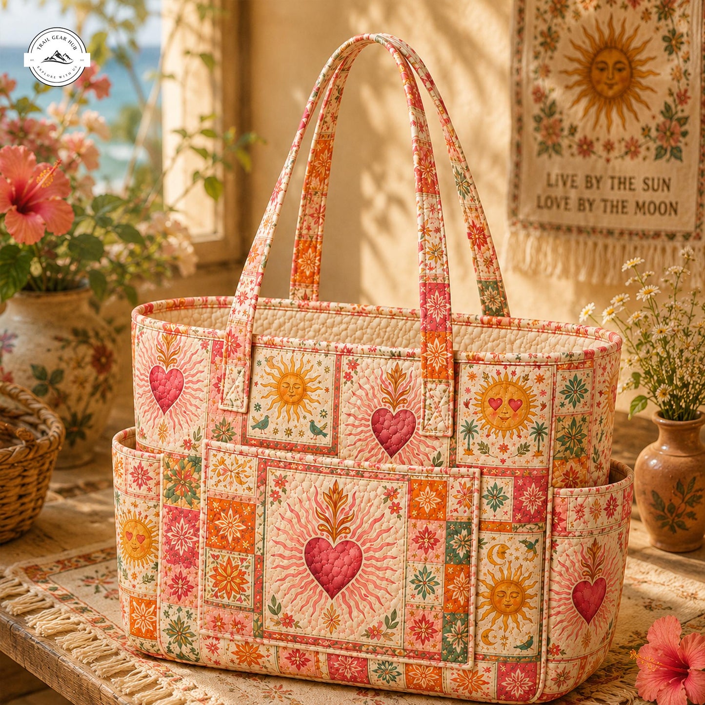 Aesthetic Summer Beach Multiple Pockets Quilted Tote Bag LV10