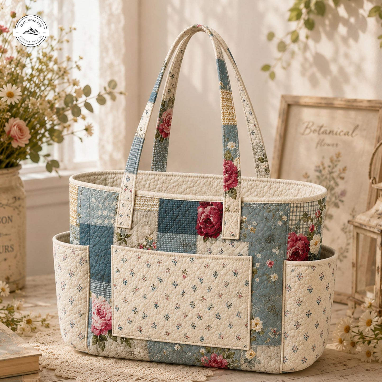 Floral Patchwork Multiple Pockets Quilted Tote Bag LV12