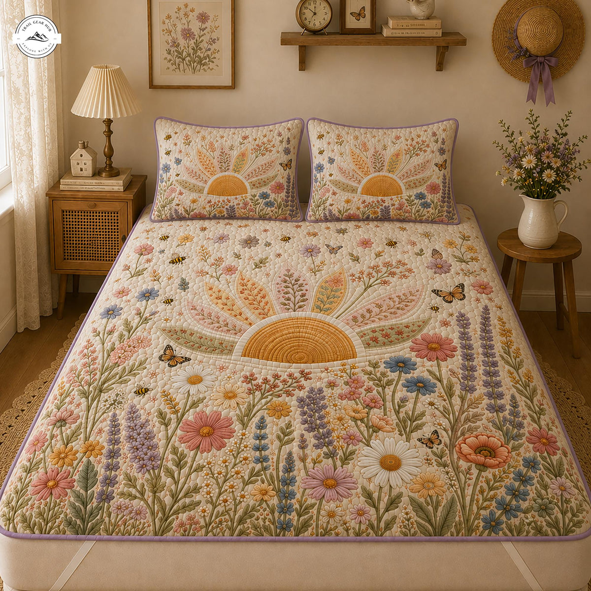 Boho Wildflower Sunrise Quilted Mattress Cover Set LV07