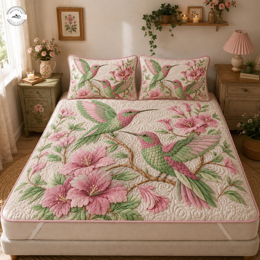 Hummingbird & Floral Quilted Mattress Cover Set LV10