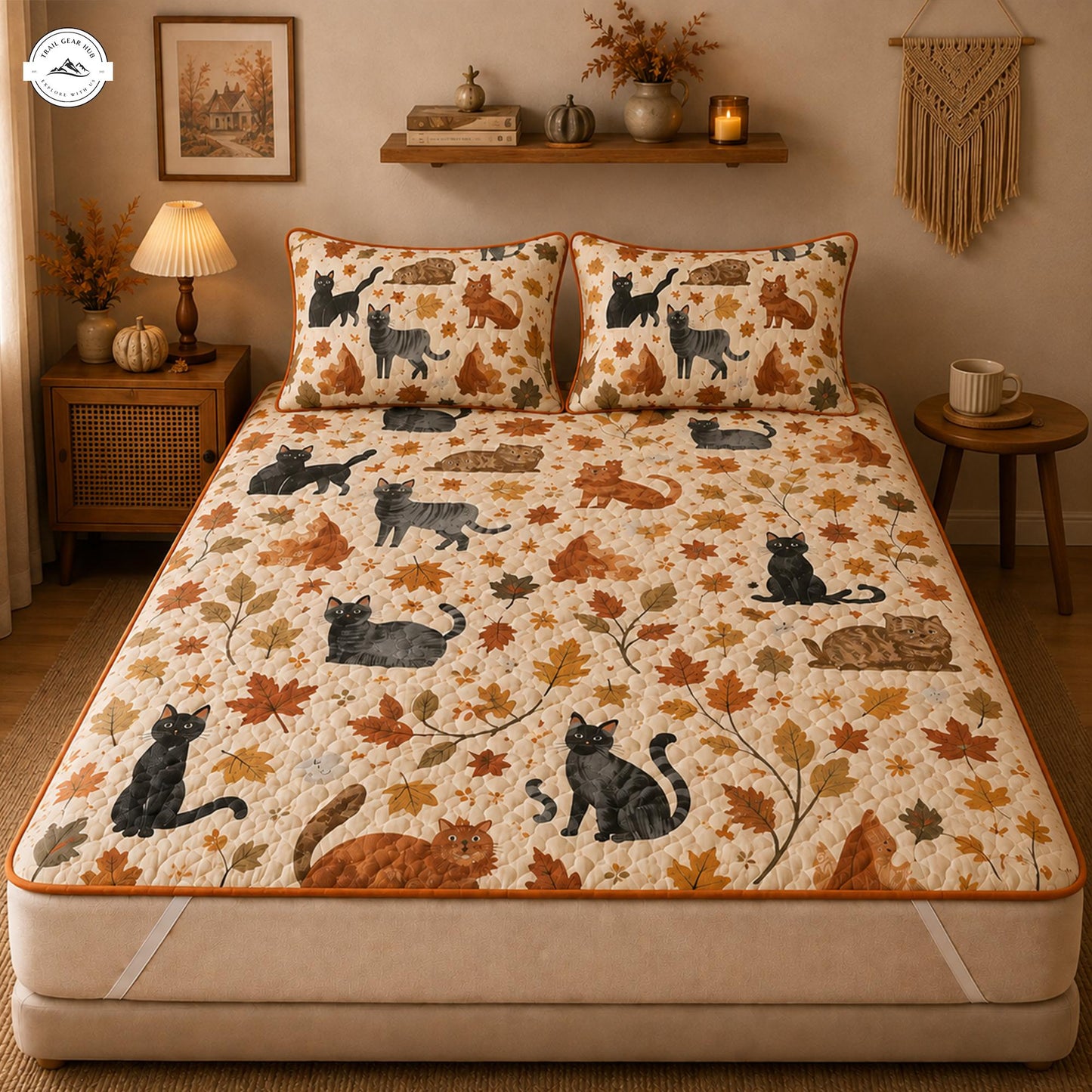 Cat & Autumn Leaves Quilted Mattress Cover Set LV11