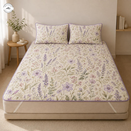 Purple Lavender Floral Quilted Mattress Cover Set LV12