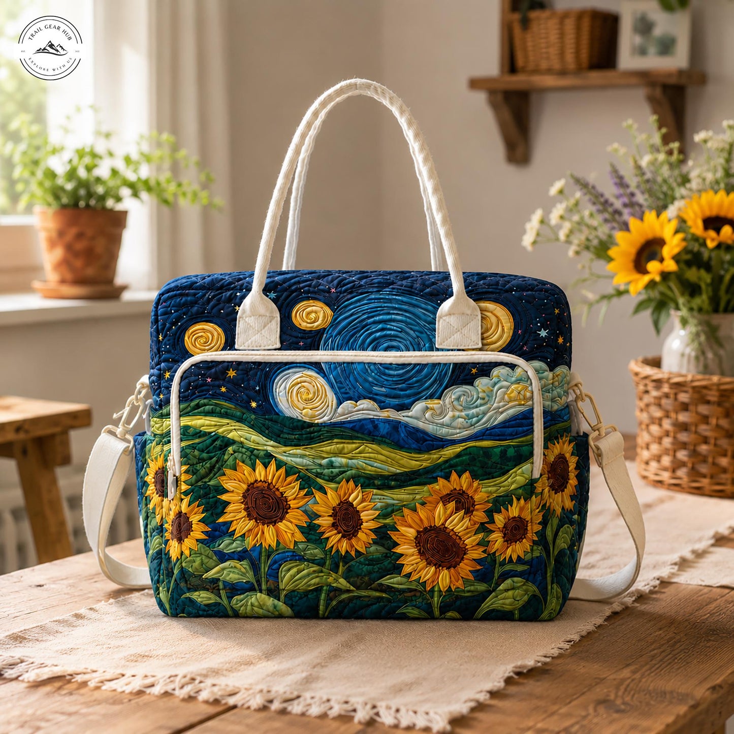 Starry Night Sunflowers Quilted Puffy Tote LV06