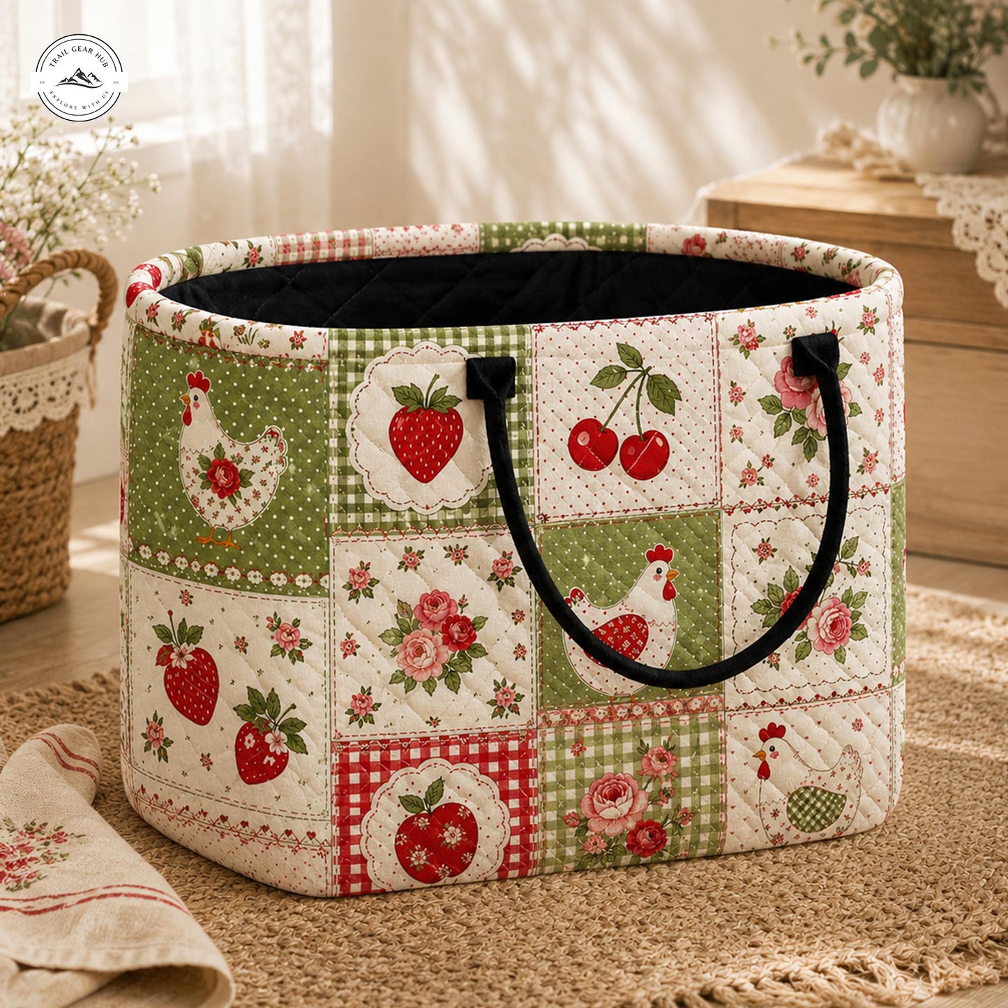 Rooster & Strawberry Fabric Quilted Storage Basket LV38