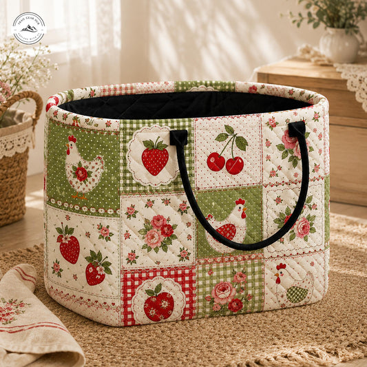 Rooster & Strawberry Fabric Quilted Storage Basket LV38