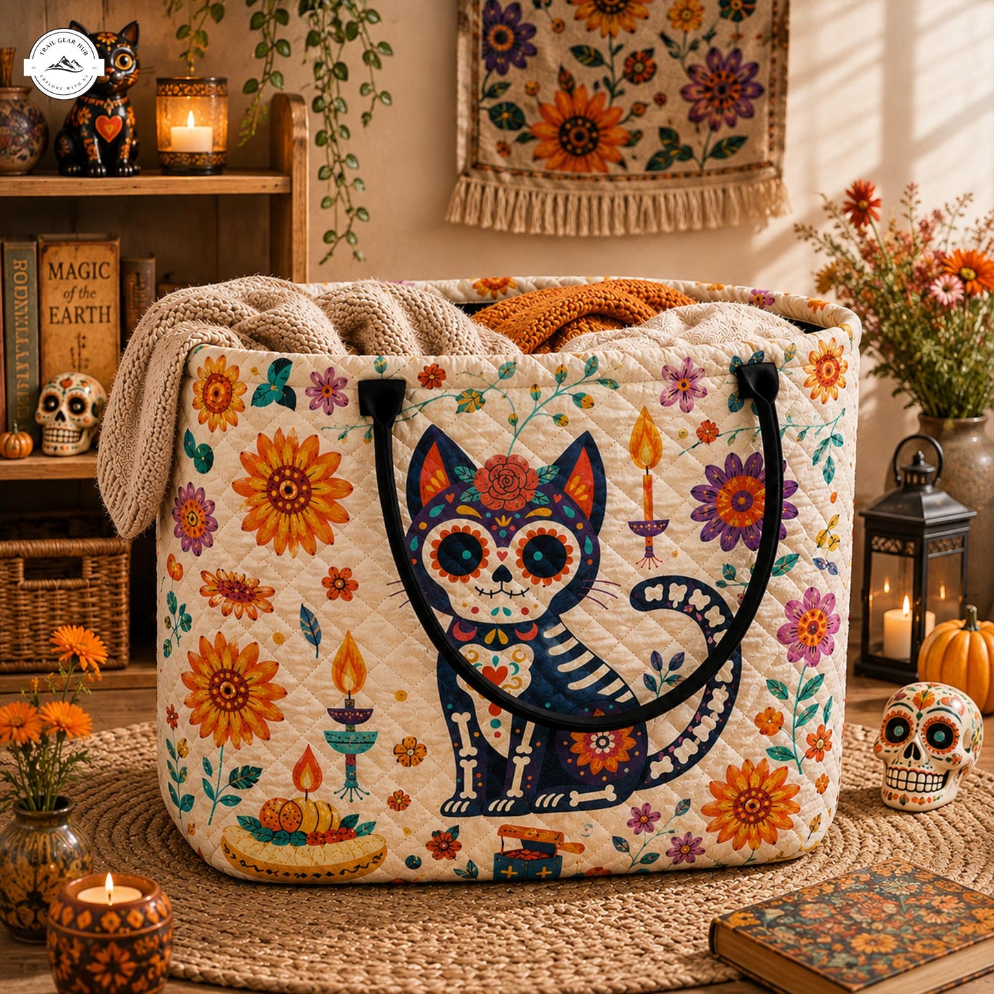 Sugar Skull Cat Floral Quilted Storage Basket LV67