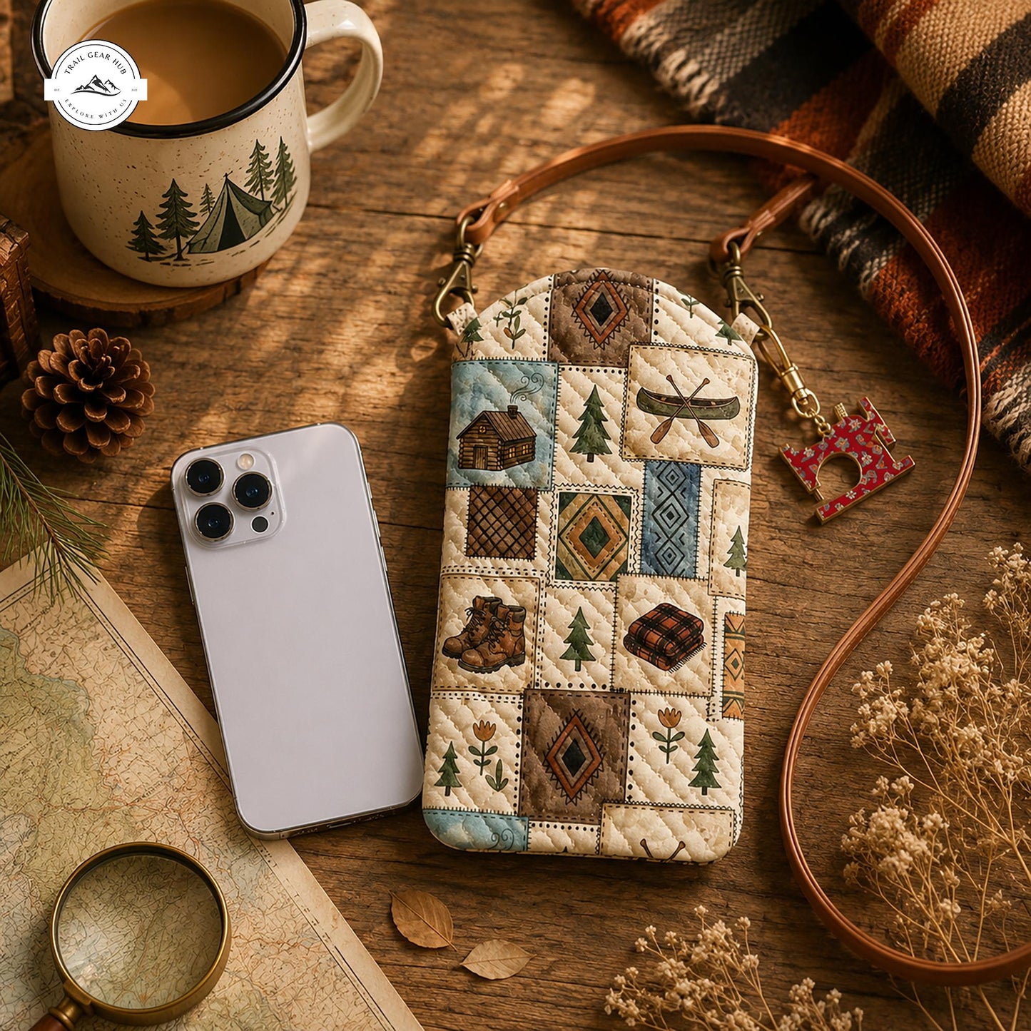 Rustic Camping Cabin Quilted Slim Phone Crossbody Bag LV04