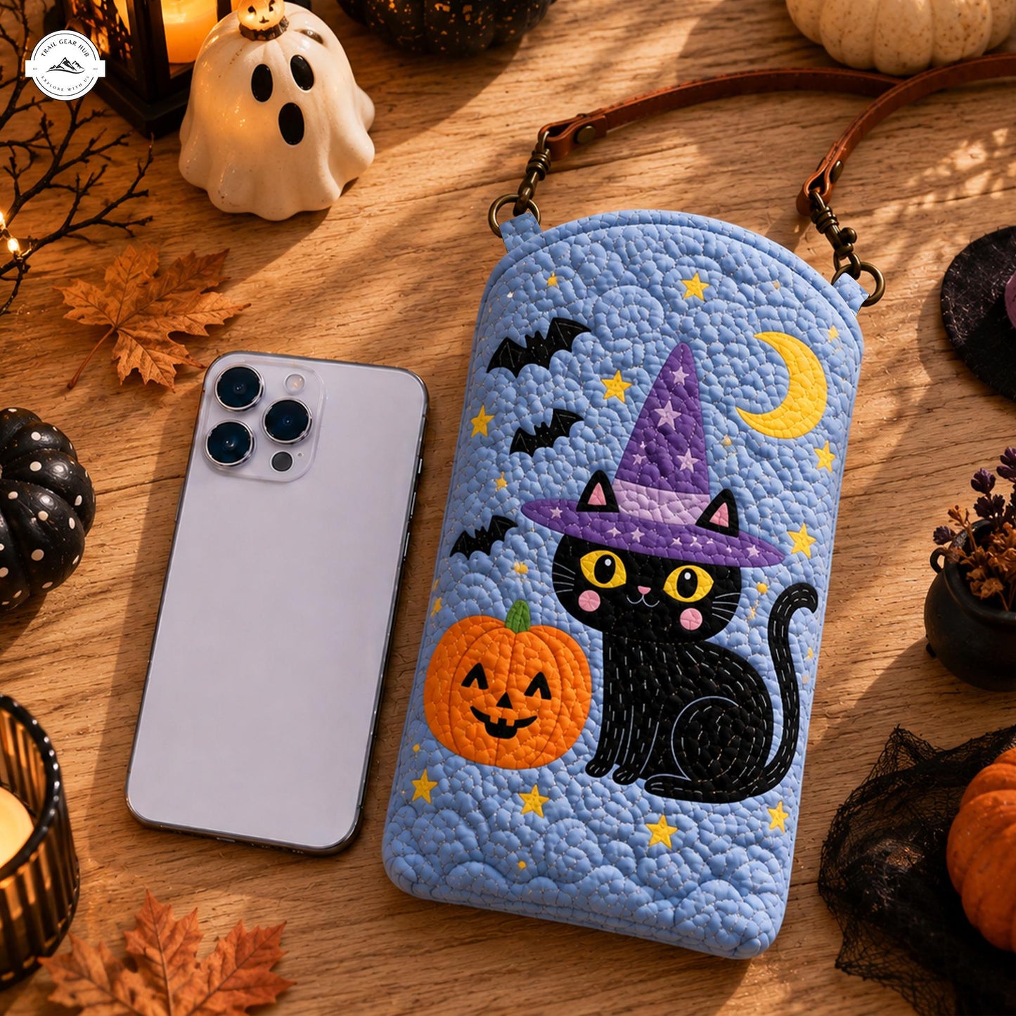 Halloween Black Cat Quilted Slim Phone Crossbody Bag LV25