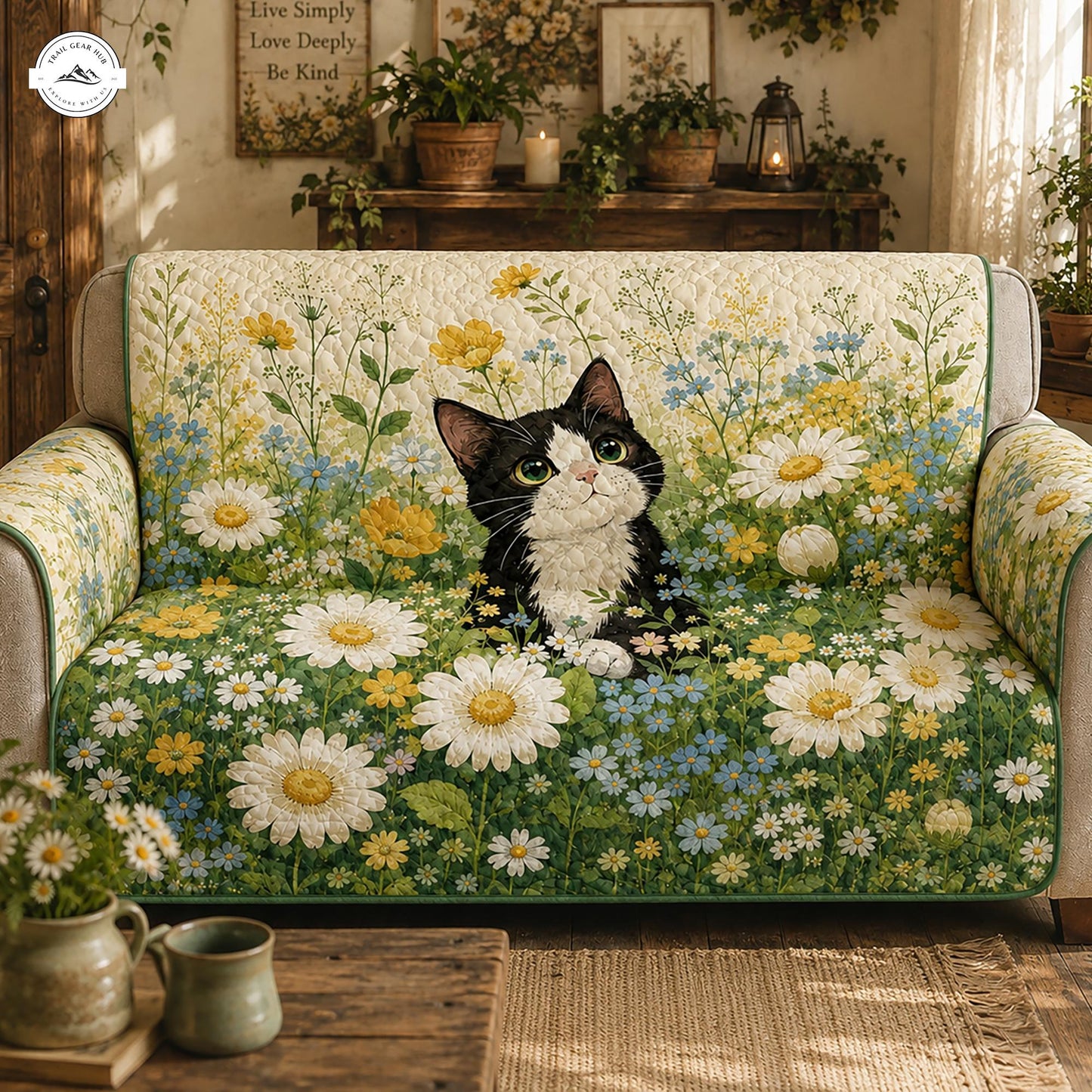 Cute Tuxedo Cat Floral Quilted Seat Sofa LV22
