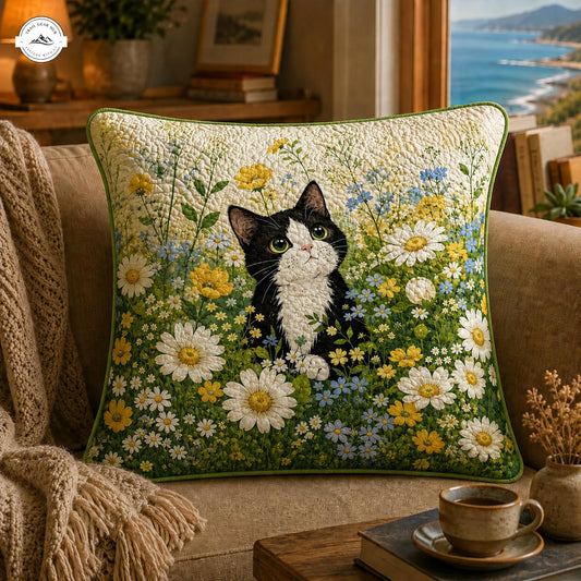 Cute Tuxedo Cat Floral Quilted Pillow Cover LV22QLTPLC