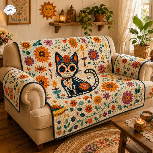 Sugar Skull Black Cat Quilted Seat Sofa  LV32