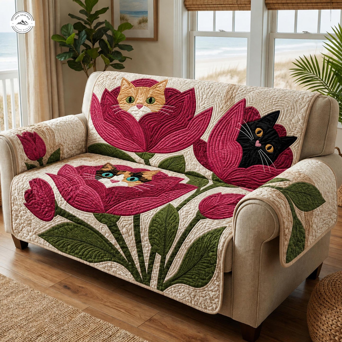 Peekaboo Cat Floral Quilted Seat Sofa LV45